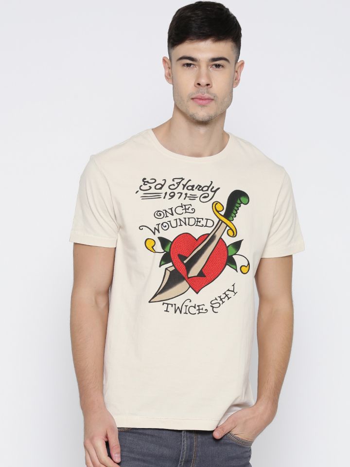 Ed Hardy Beige Printed Pure Cotton T shirt