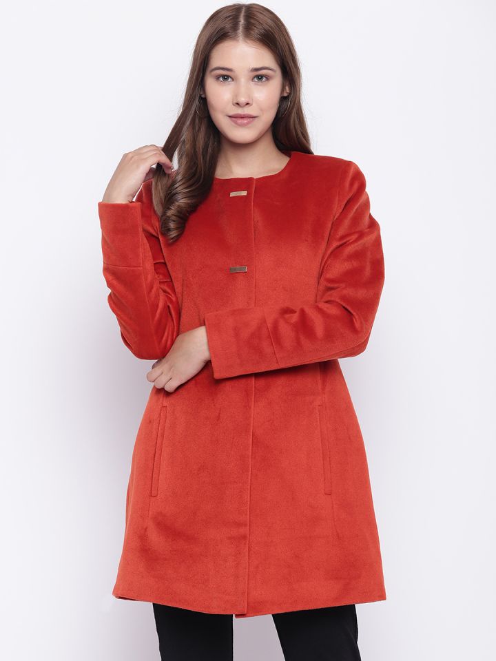 Madame Women Rust Orange Solid Hip Length Pea Coat