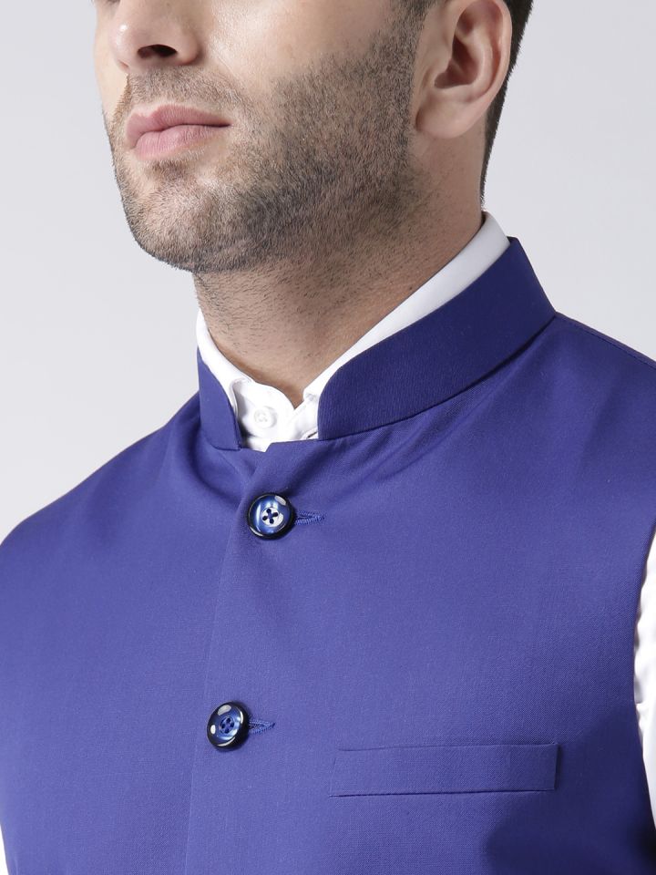 Hangup Men Navy Blue Solid Nehru Jacket