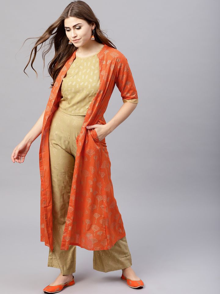 AKS Women Olive Green Orange Printed Top with Palazzos Ethnic Jacket