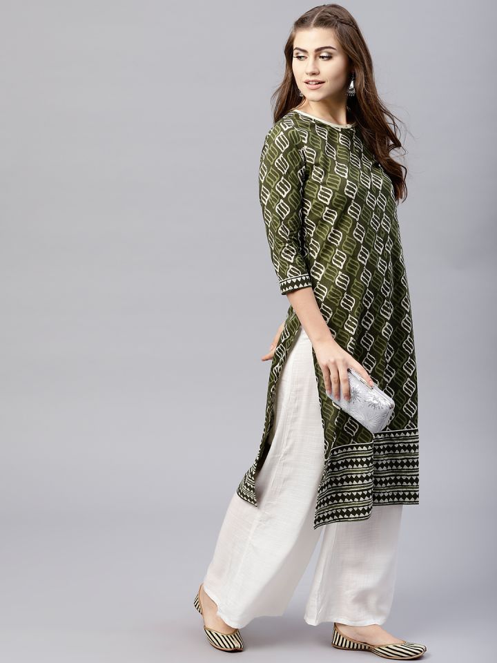 Buy AKS Women Olive Green Cream Coloured Printed Straight Kurta