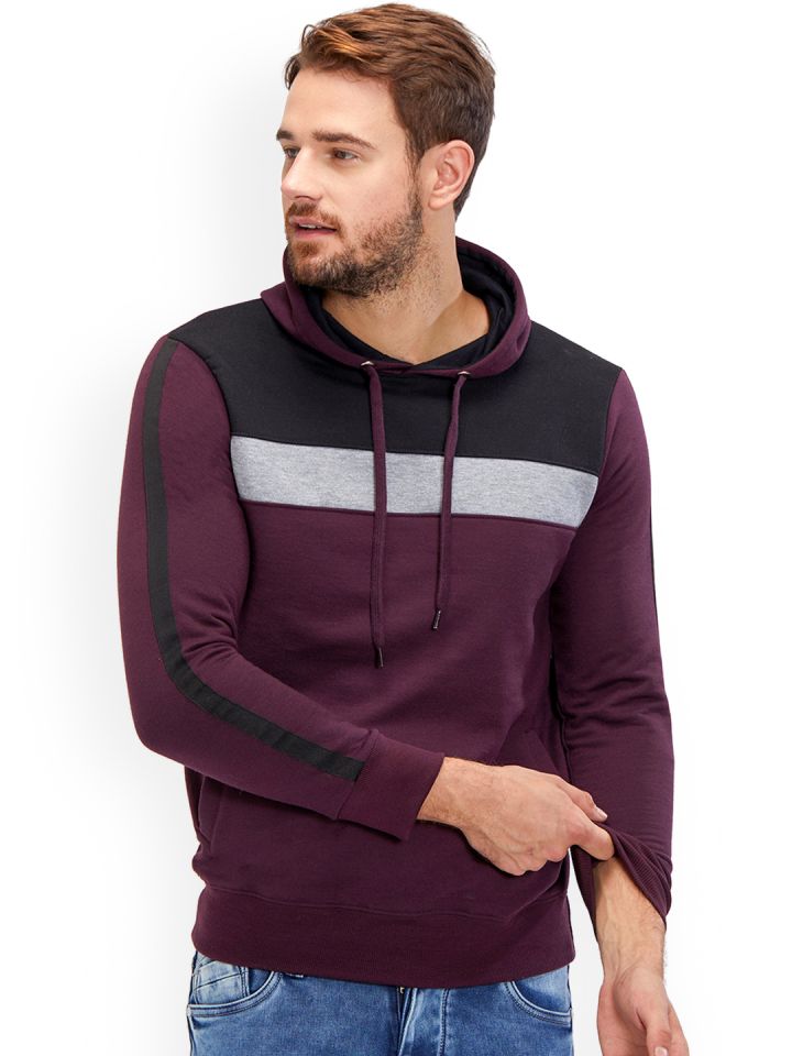 Buy Maniac Men Burgundy Black Colourblocked Hooded Sweatshirt