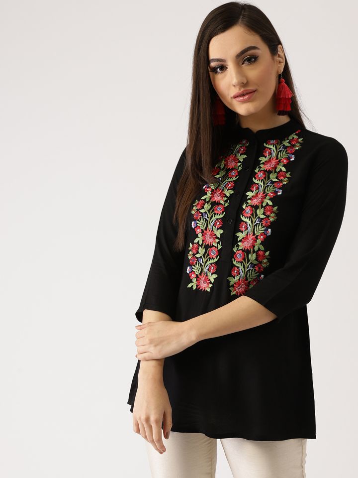 Libas Women Black Embroidered A Line Kurti