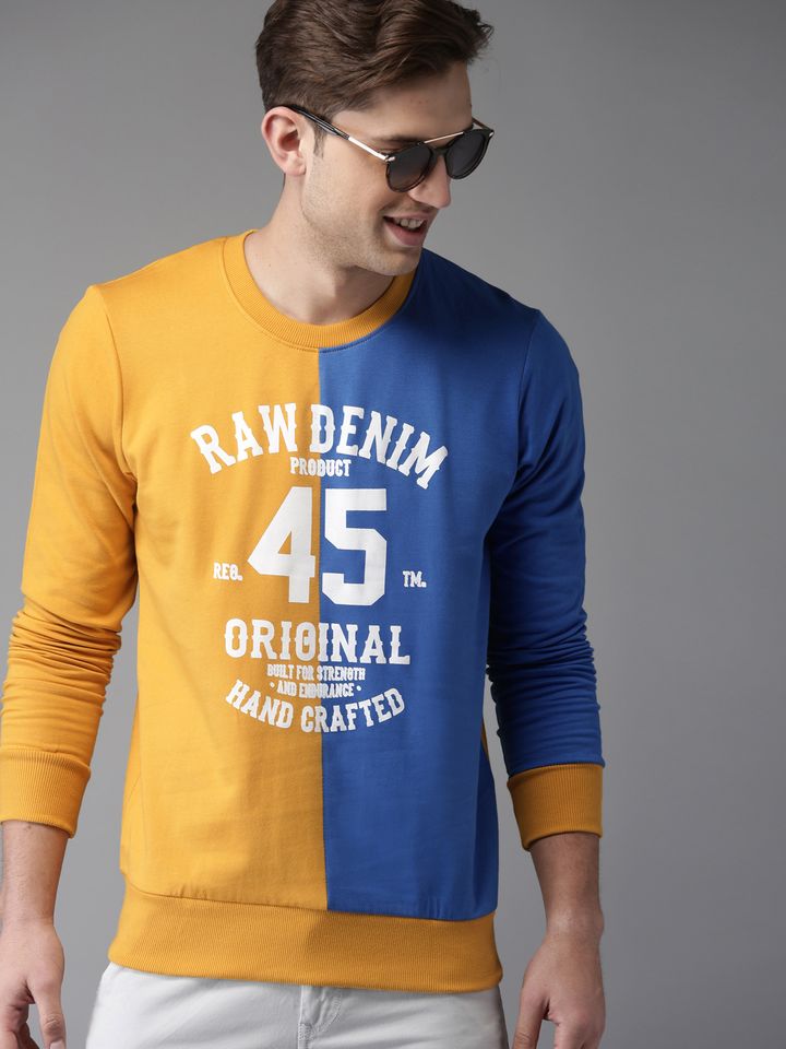 yellow and blue sweatshirt