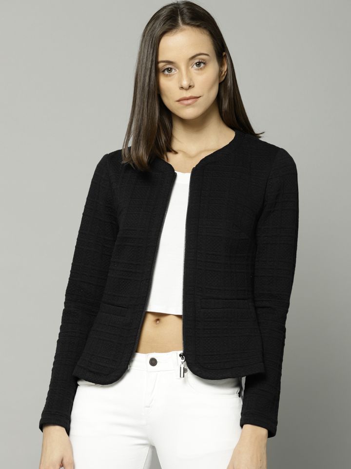 Marks Spencer Women Black Self Design Tailored Jacket