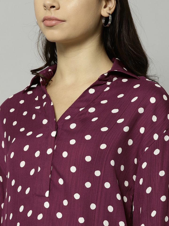 burgundy polka dot shirt womens