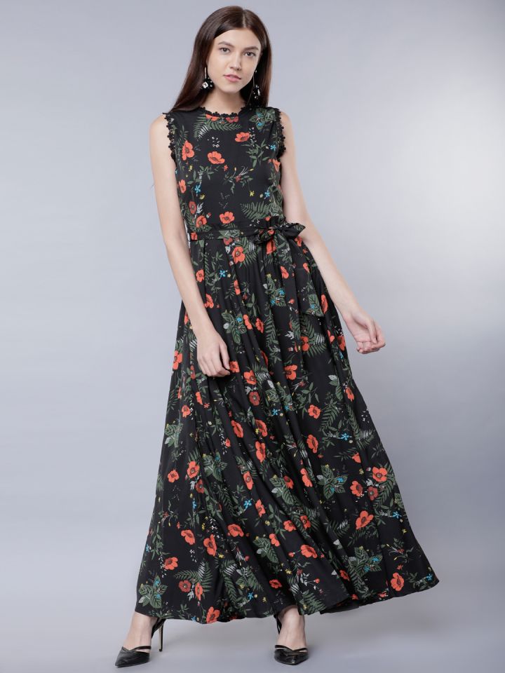 Buy Tokyo Talkies Black Floral Print Flared Maxi Dress With A Belt