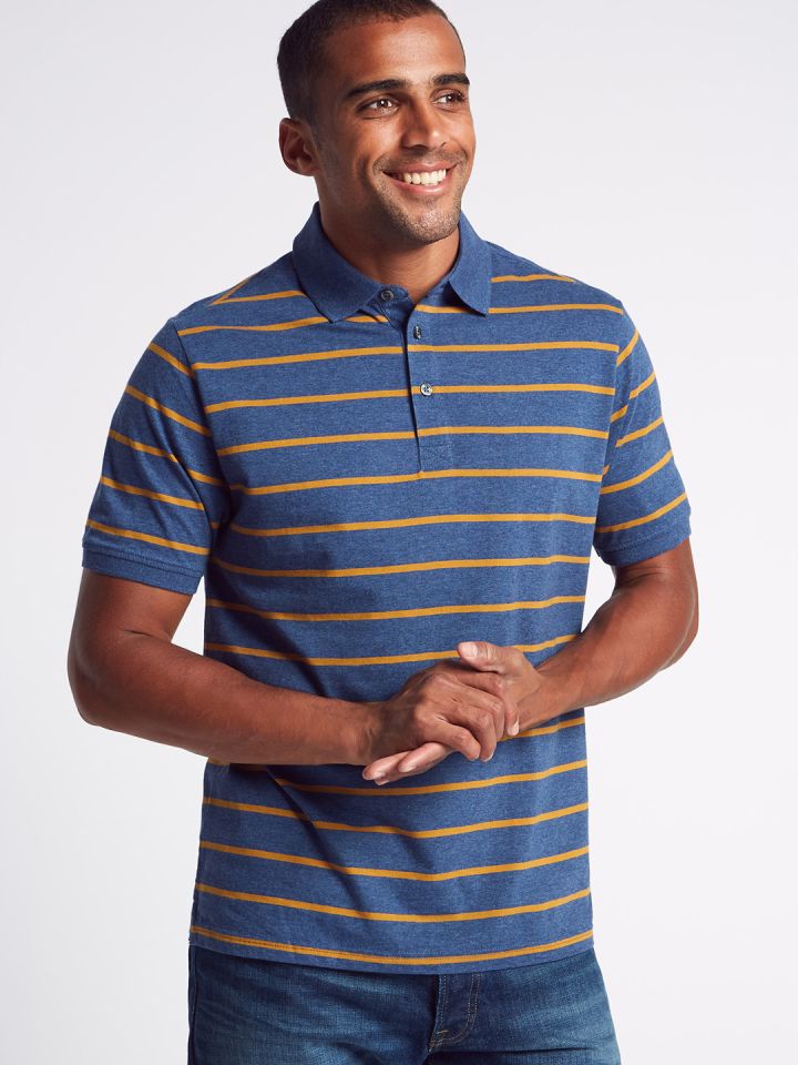 Buy Marks Spencer Men Navy Blue Mustard Yellow Striped Polo Pure