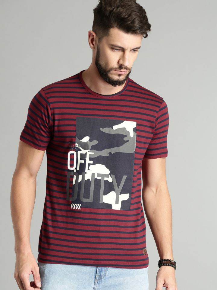 Buy Roadster Men Maroon Navy Blue Striped Round Neck Pure Cotton T