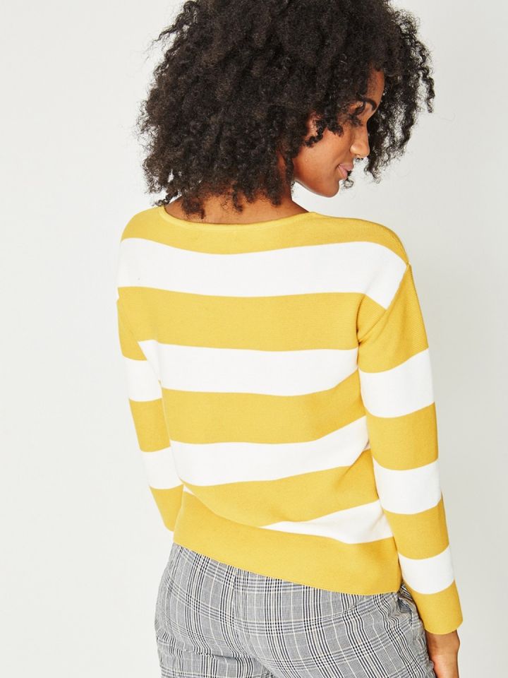 Buy Promod Women Mustard Yellow White Striped Pullover