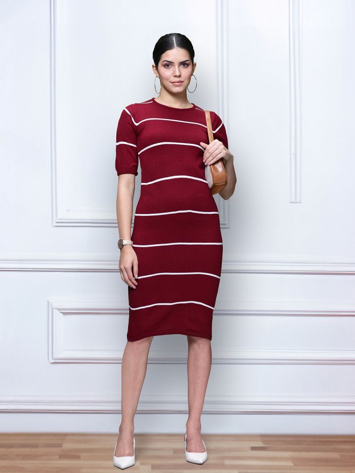 Burgundy striped dress sales
