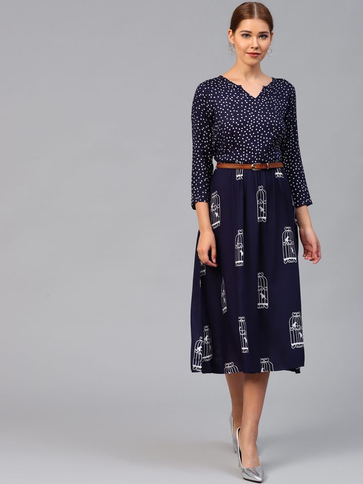Buy Athena Women Navy Blue Printed Fit And Flare Dress - Dresses