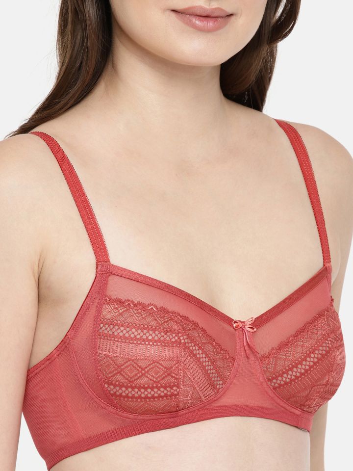 Enamor Red Lightweight Lift Lace Balconette Non-Padded Wirefree High  Coverage Bra F090