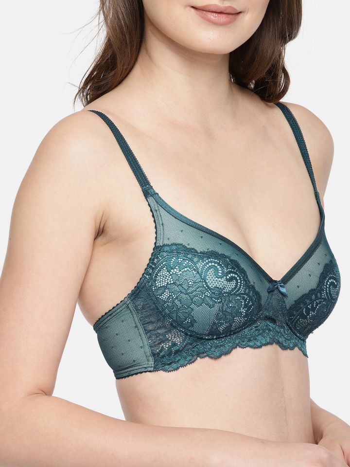 Buy Enamor Teal Blue Lace Lightly Padded Non Wired Medium Coverage