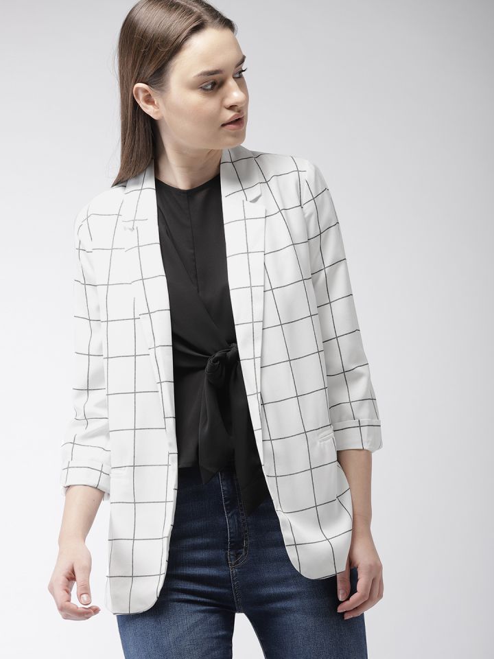 FOREVER 21 Women Off White Black Checked Open Front Blazer