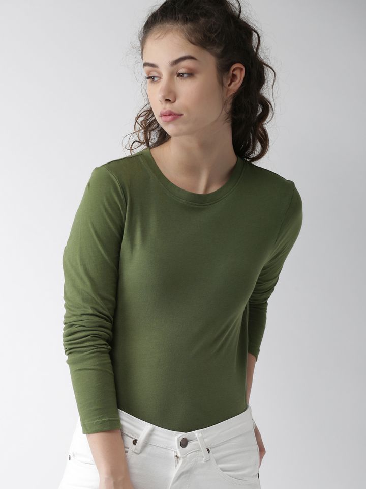 Women Olive Green Solid Round Neck 