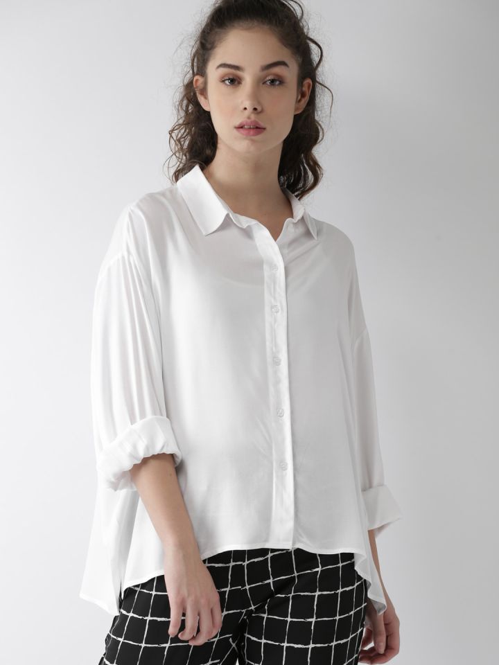FOREVER 21 Women White Solid High Low Hem Shirt