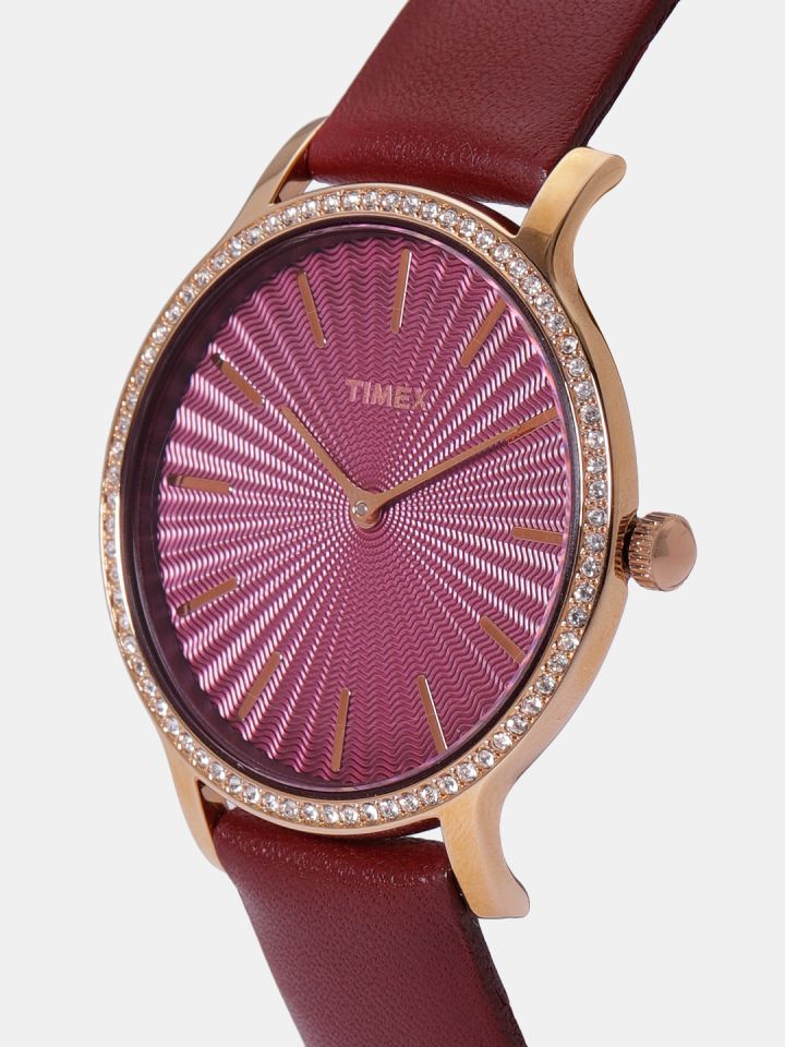 Timex Women Burgundy Swarovski Crystal Studded Analogue Watch TW2R51100