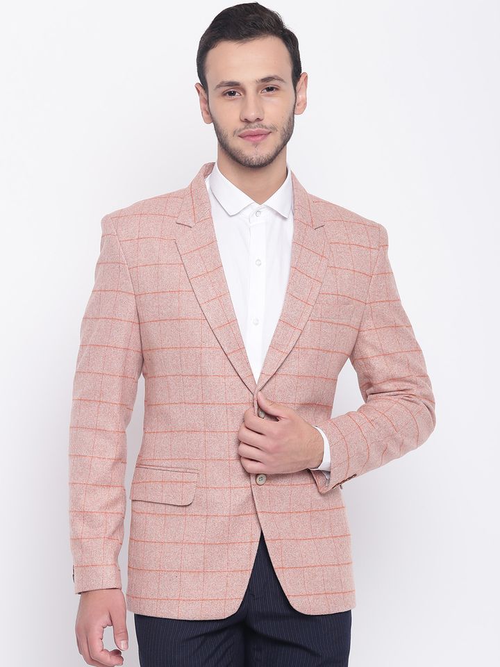 Buy Platinum Studio Peach Coloured Orange Checked Regular Fit Smart Casual Blazer Blazers For Men 7419408 Myntra