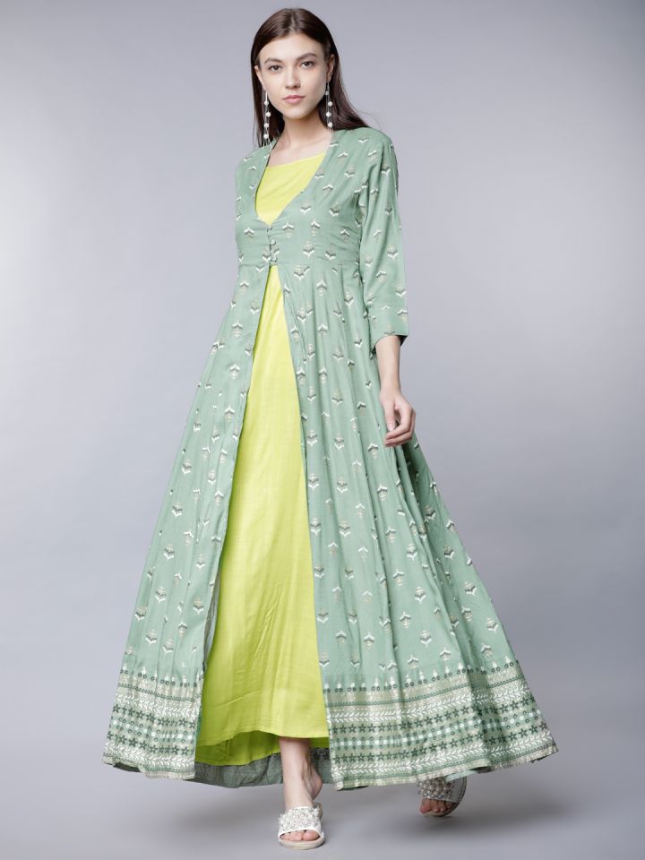 Vishudh Women Green Solid Layered Maxi Dress with Front Open Jacket