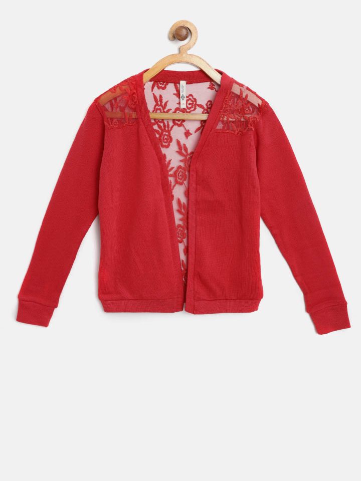 Lee Cooper Girls Red Self Design Front Open Sweater