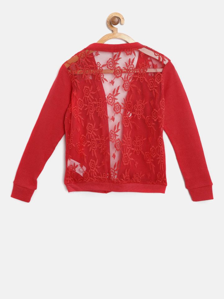 Lee Cooper Girls Red Self Design Front Open Sweater
