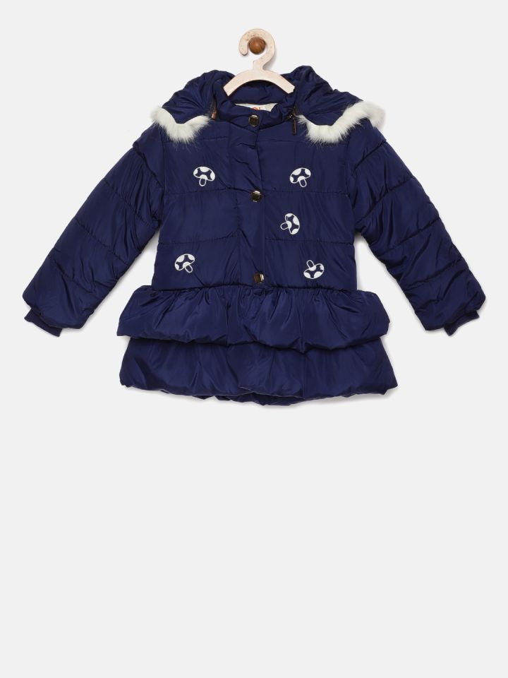 LOL Land of Littles Girls Navy Blue Solid Puffer Jacket