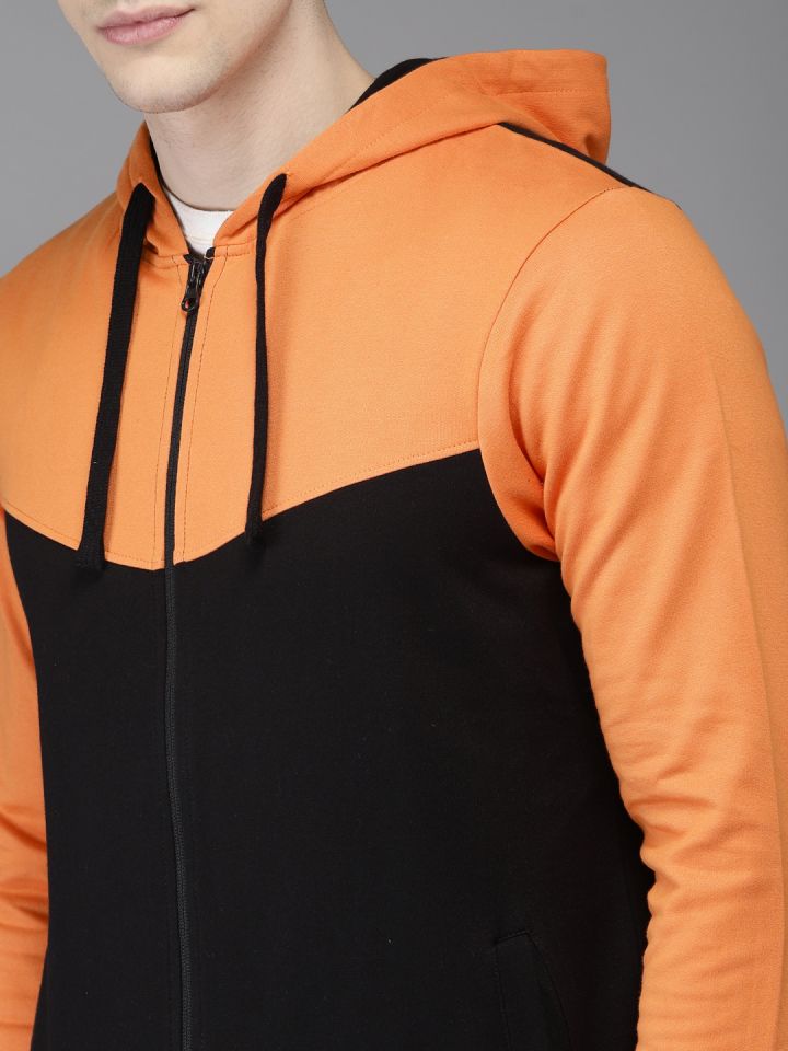HERE NOW Men Orange Black Colourblocked Hooded Sweatshirt
