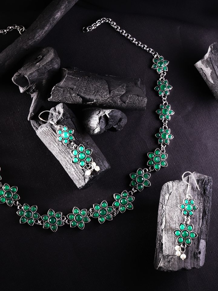 Buy Zobby Green Oxidised Silver Plated German Silver Stone Studded Handcrafted Jewellery Set Jewellery Set For Women 7439742 Myntra