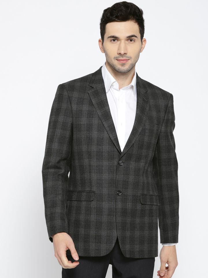 Wills Lifestyle Men Charcoal Grey Checked Single Breasted Smart Casual Blazer