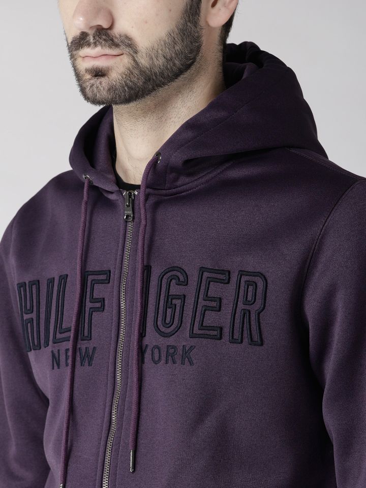 Buy Tommy Hilfiger Men Purple Solid Hooded Sweatshirt