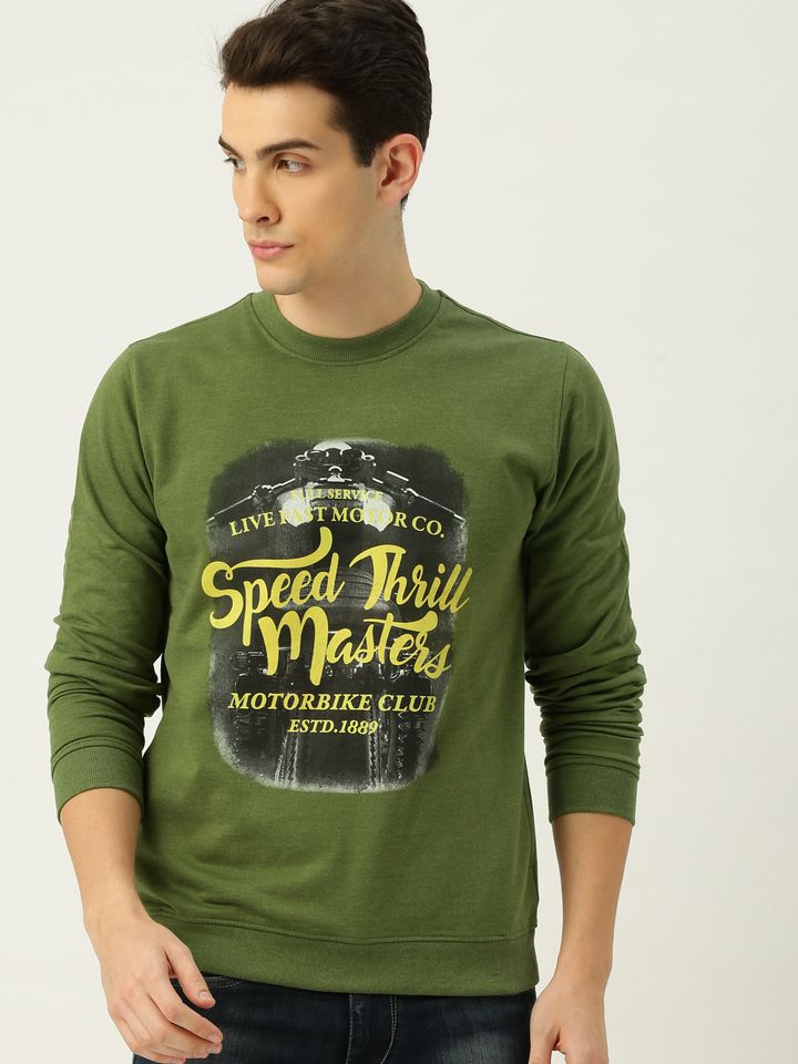 Buy Peter England Men Olive Green Printed Sweatshirt - Sweatshirts for Men  7454487 | Myntra
