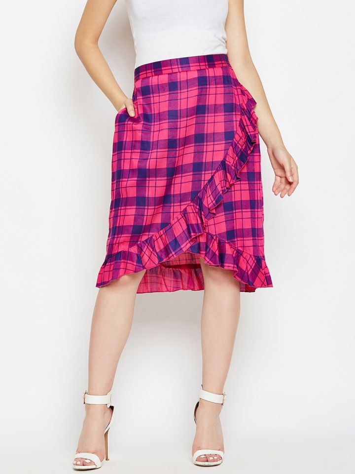 Buy Mee Women Pink Blue Checked Wrap Skirt Skirts for Women
