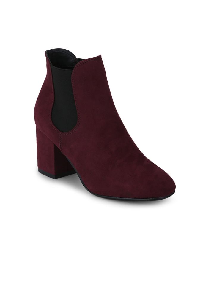 Buy Truffle Collection Women Burgundy Solid Heeled Boots Boots