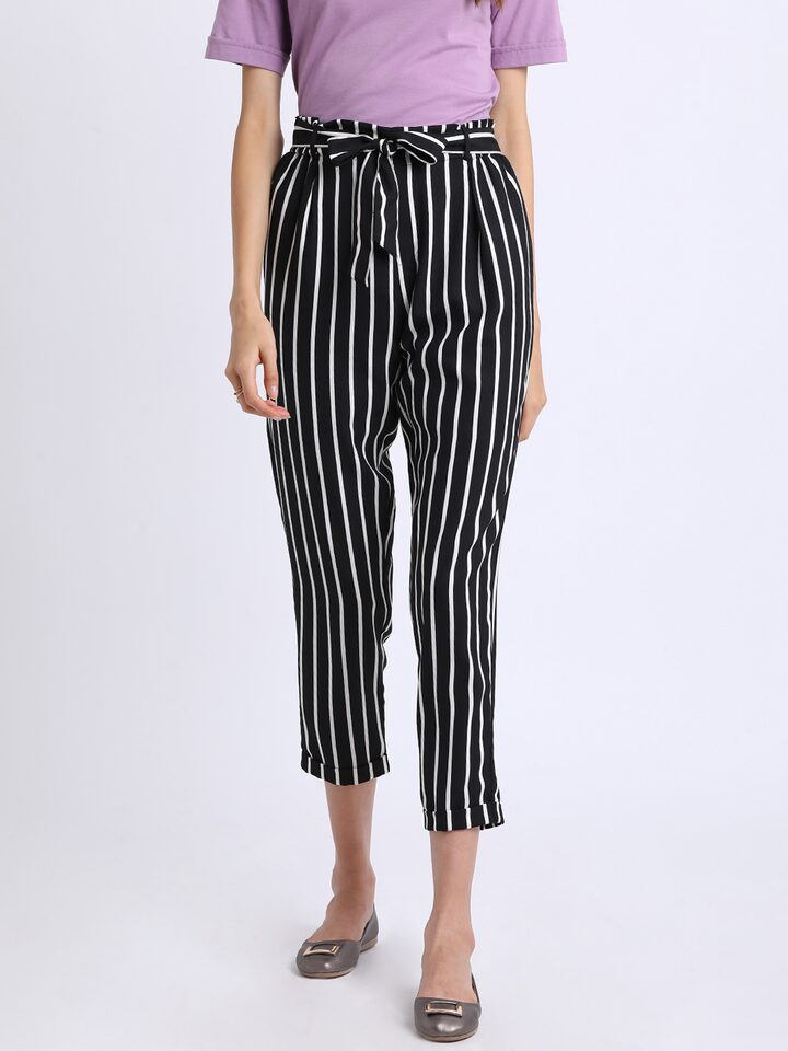 Buy Besiva Women Black & White Regular Fit Striped Peg Trousers - Trousers  for Women 7472895 | Myntra