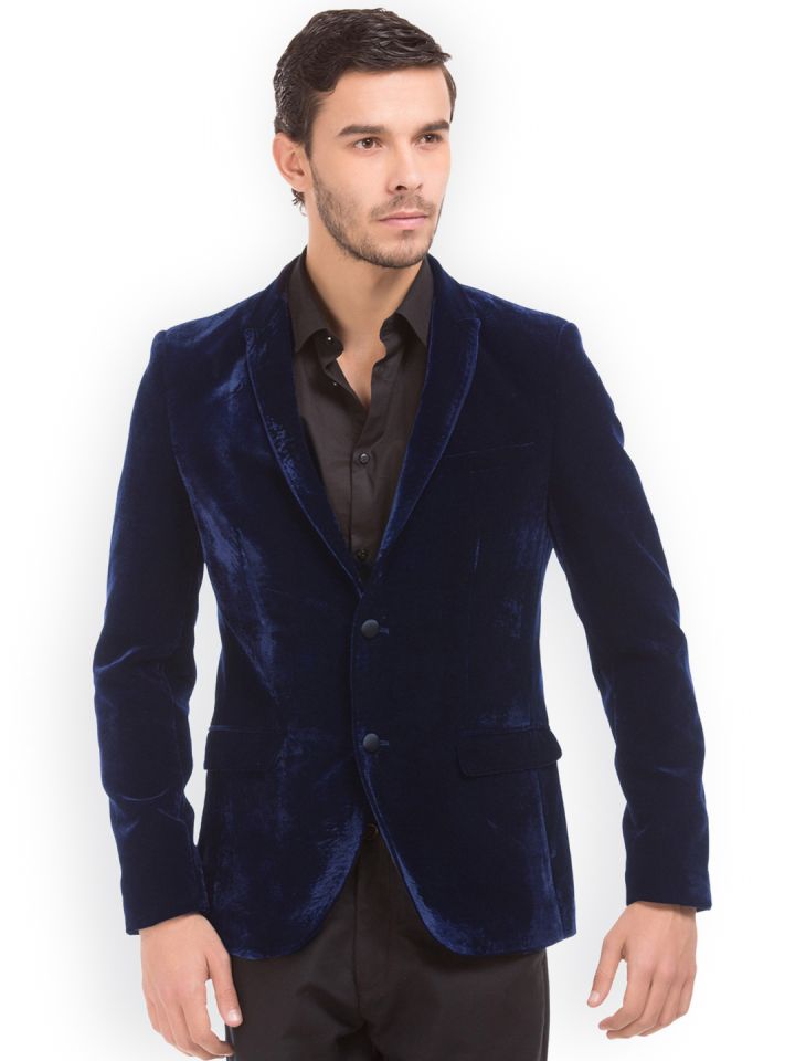 Buy Arrow New York Men Navy Blue Velvet Single Breasted Blazer