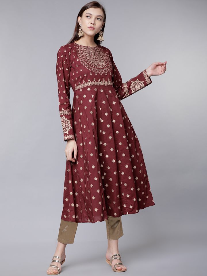 Buy Vishudh Women Maroon Beige Printed Anarkali Kurta Kurtas