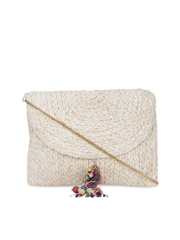 Diwaah Cream Coloured Handmade Self Design Jute Sling Bag