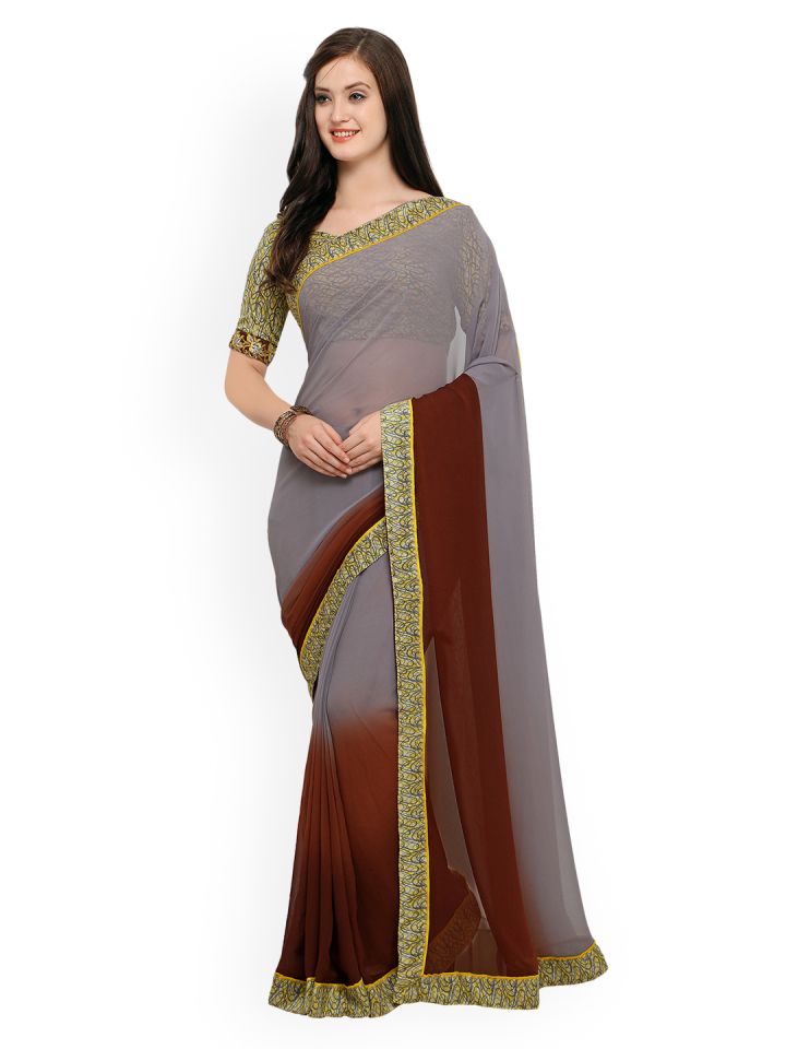 Buy Shaily Grey Brown Pure Georgette Printed Saree Sarees for