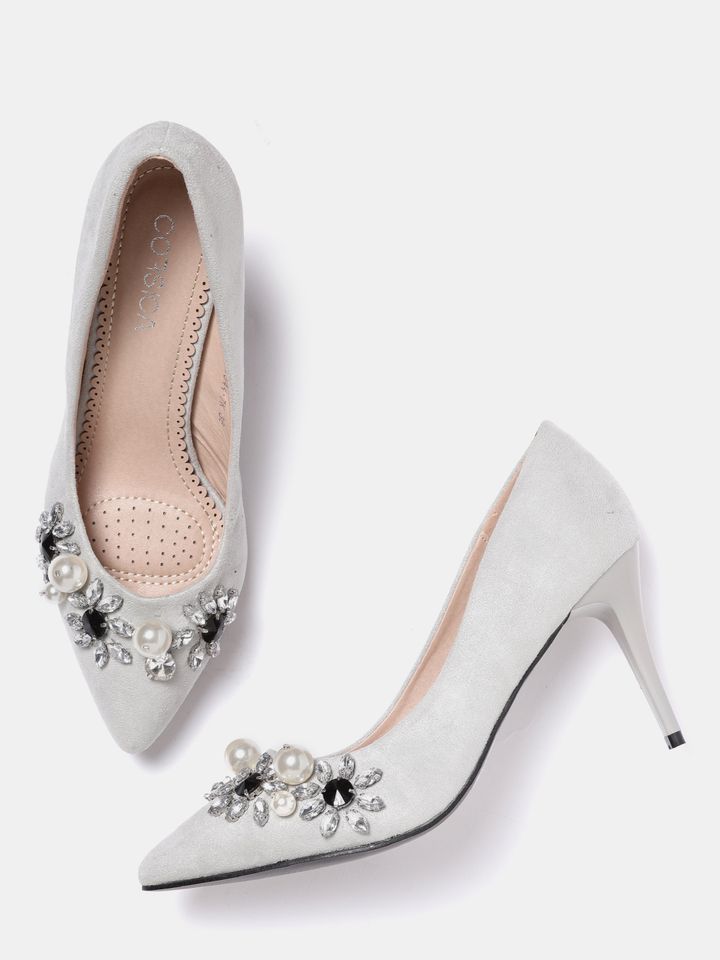 Grey Embellished Pumps - Heels 