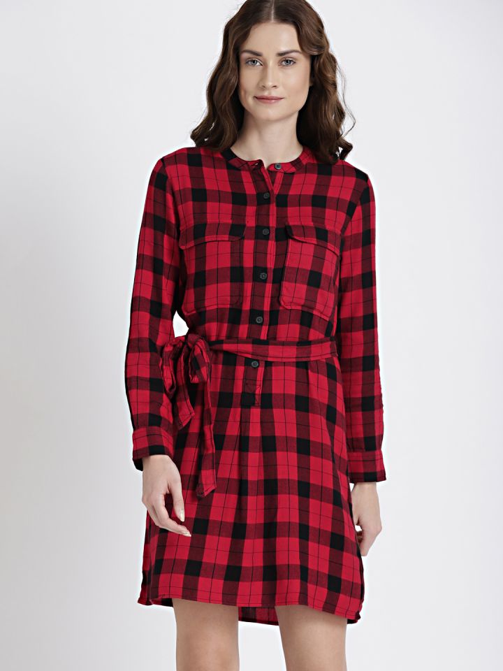 red tartan shirt dress