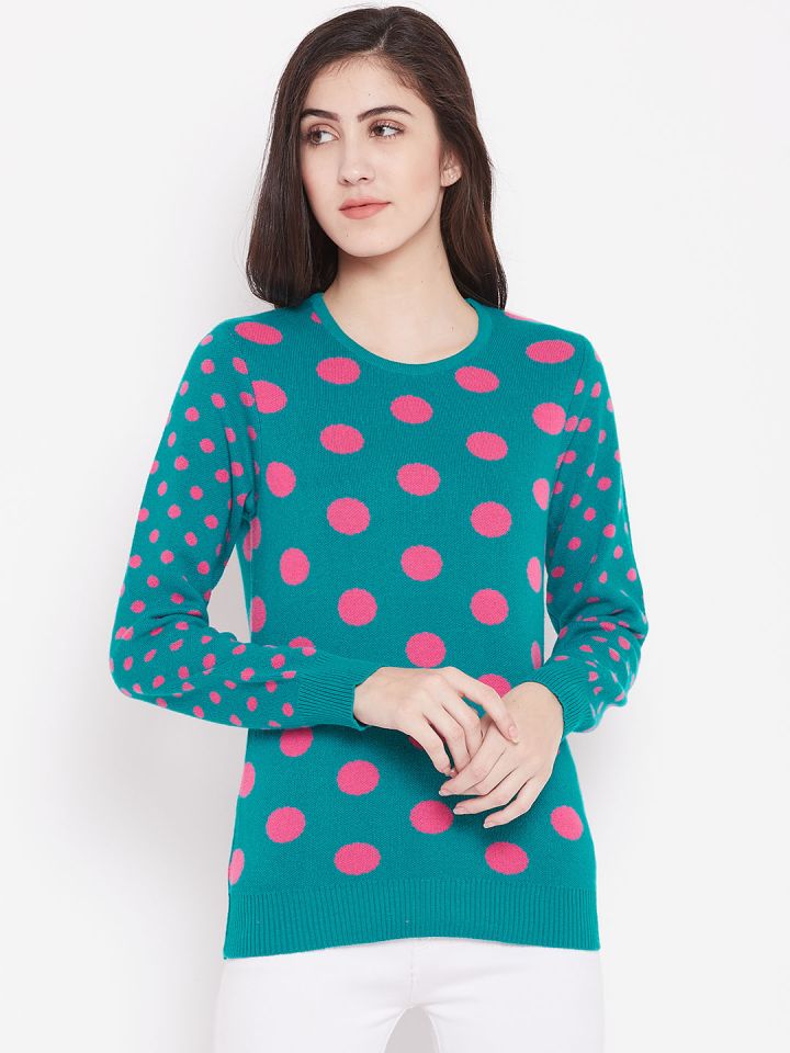 Blue sweater with top pink polka dots