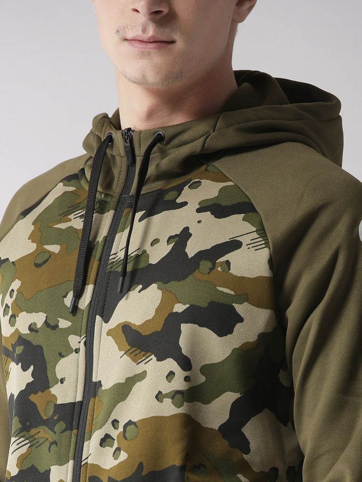 Nike Men Olive Green Black Camouflage Printed Standard Fit AS M NK Hooded Sporty Jacket