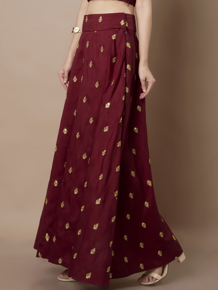 INDYA Women Maroon Gold Embellished Silk Maxi Skirt