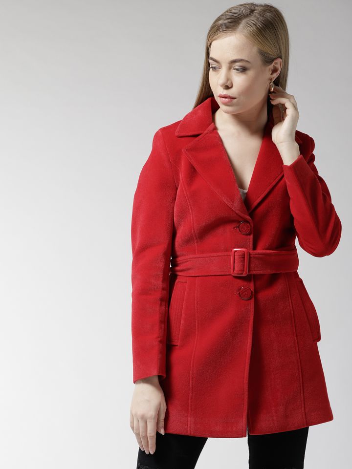 Buy Okane Women Red Solid Velvet Finish Single Breasted Overcoat