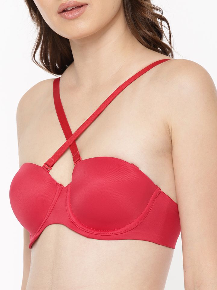 SEXY Red Lace Push Up Demi Bra 36C Removable Straps Strapless