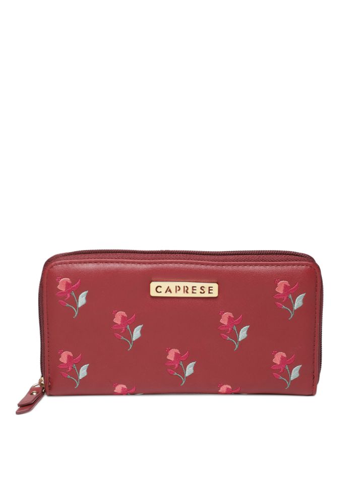 Buy Caprese Women Red Floral Self Design Zip Around Wallet