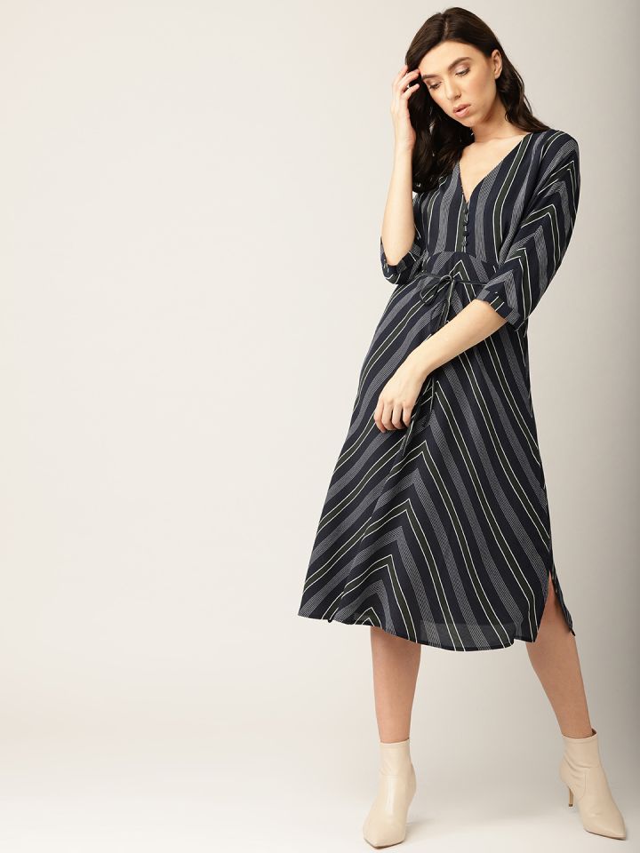 Buy Mango Women Navy Blue Olive Green Striped Empire Dress Dresses For Women 7544504 Myntra