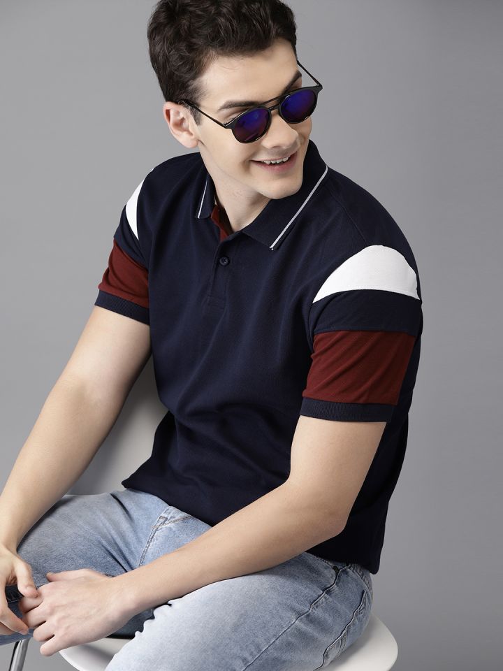 Buy HERENOW Men Navy Polo Collar Cotton Pure Cotton T Shirt