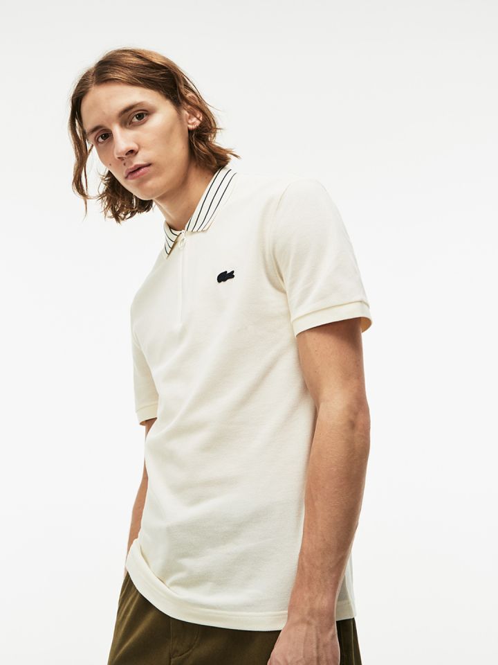 Lacoste Men Off White Slim Fit Contrasting Zip Neck Petit Pique Polo
